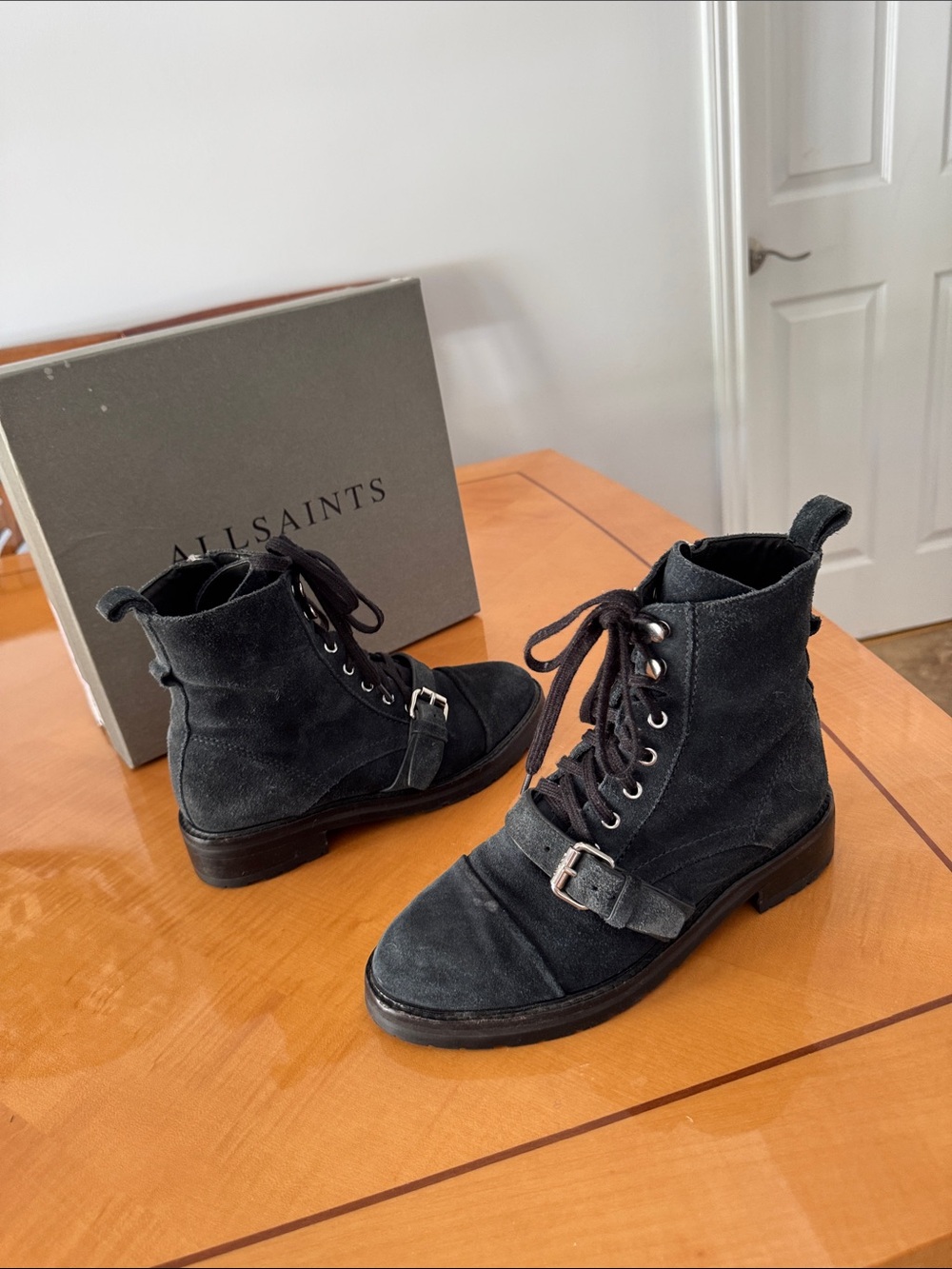 AllSaints Women's Suede Lace-Up Combat Boots in Charcoal size 38